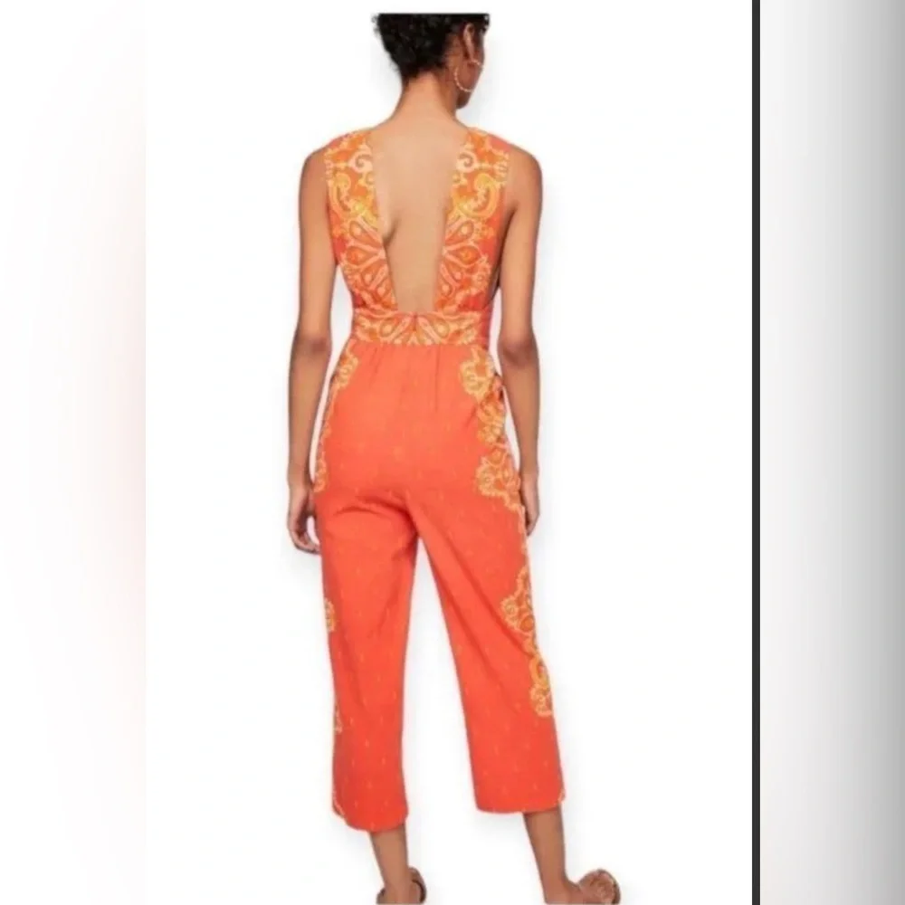 Free People’s Setting Sun Printed Orange Cropped Jumpsuit NWOT - Picture 3 of 12